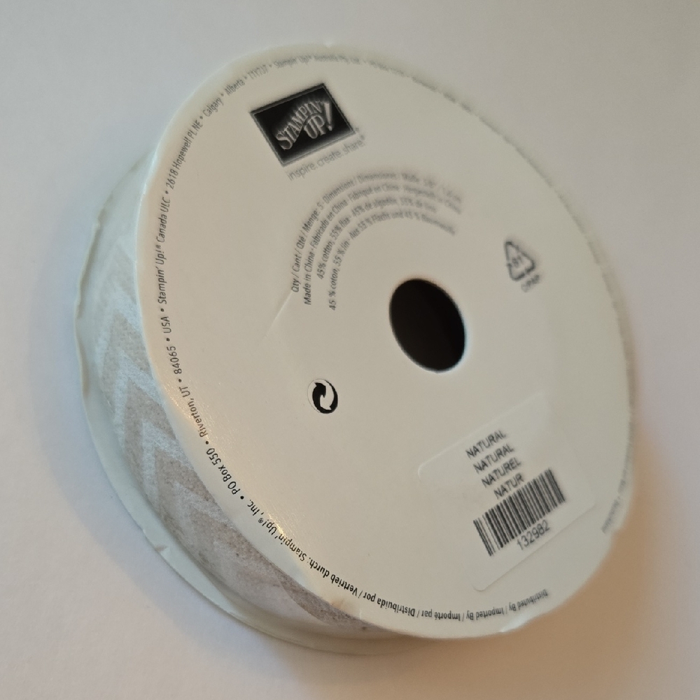 NWT Stampin' Up! Retired Natural Chevron Ribbon 5 Yards Spool Cotton Flax